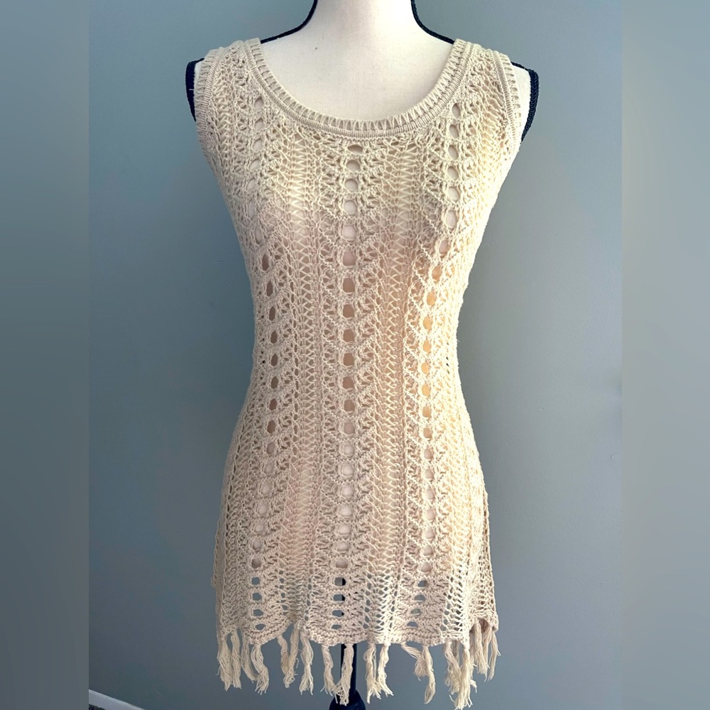 Beige Knit See-Thru Tunic with Fringe Hem